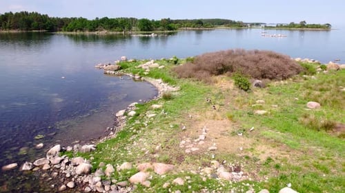 Fly close to ocean over small island with birds flying around