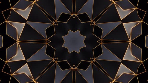Schwarzer und gelber abstrakter Hintergrund mit Sternenmuster. Kaleidoskop VJ Loop