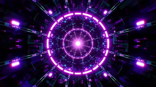 Flying Through Purple Light Cyber Space Tunnel