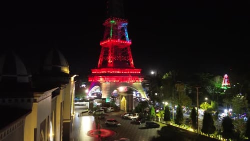 Aerial View of a Bright Landmark at Night