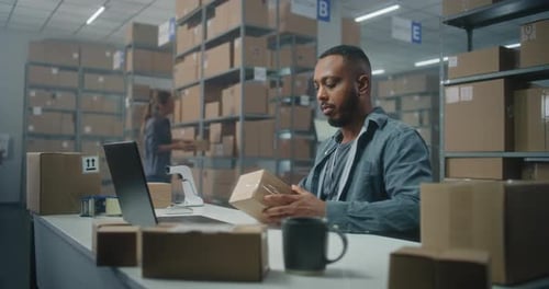 Postal Service African American Logistics Specialist Scans Parcel Uses Laptop Computer