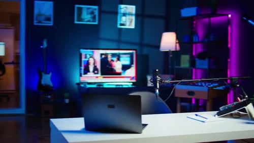 Panning Shot of Empty Home Studio with Content Creation Gear Tech