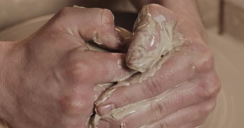Potter Makes Pottery From Clay Close Up Making Ceramic Products From White Clay Twisted Potter's