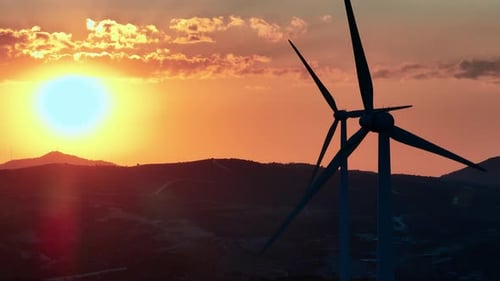 Aerial View of the Wind Power Plant at Sunset