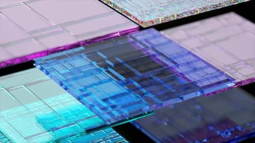 Circuit imprimé transparent complexe tournant lentement sur plusieurs couches présentant des détails complexes