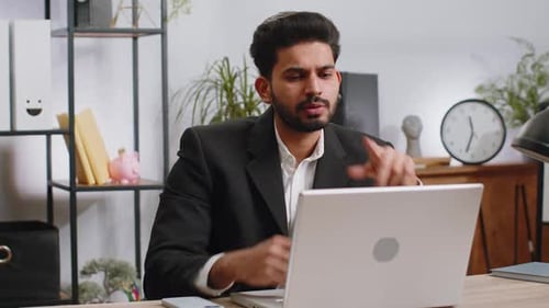 Businessman Working on Laptop at Office Talk on Online Communication Video Call with Employee Boss