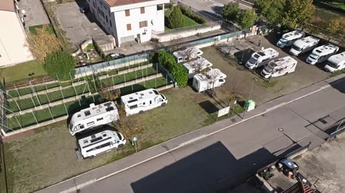 Motorhomes - Campervan Of Campers Rest Area In The Soave Town, Italy. - aerial orbit shot