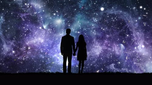 Romantic Couple Silhouettes Watching Animated Starry Galaxy Sky