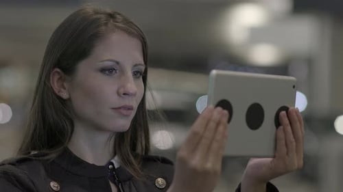Attractive and Confident Young Woman Using Mobile Tablet Screen In The City