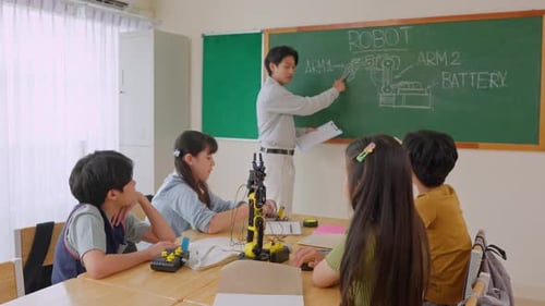 Group of students learning in a robotics class at elementary school.