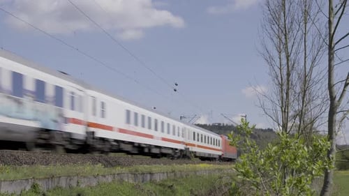 Ein Hochgeschwindigkeitszug rast an einem sonnigen Tag durch eine üppige Landschaft
