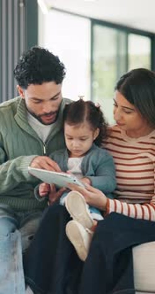 Family, bonding and girl with tablet for online games, love and entertainment in home