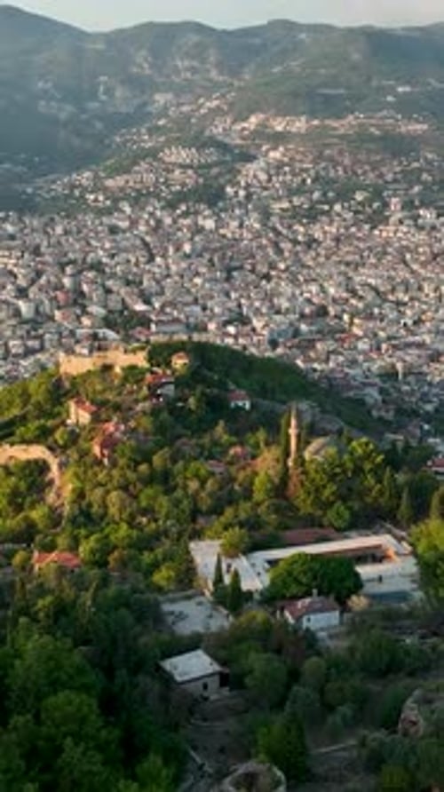 Castle Alanya Kalesi Aerial View 4 K of Mountain and City Turkey
