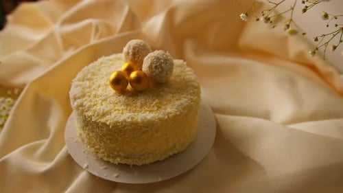 delicious fresh cream sponge cake decorated with golden candies from coconut shavings
