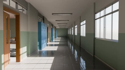 Empty School Corridor with Lockers and Sunlight