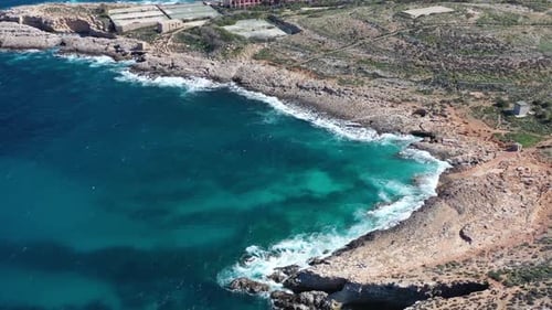 Aerial view of rocky coastline, Malta.