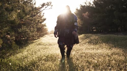 Krieger spaziert bei Sonnenuntergang im Wald