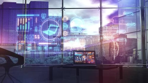 Futuristic HUD Display with Data and City View