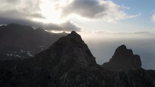 Aerial view of mountain village at the volcanic island of Tenerife, Canary Islands, during sunset