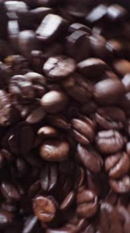 Roasted coffee beans spin rotating and slowing to stop