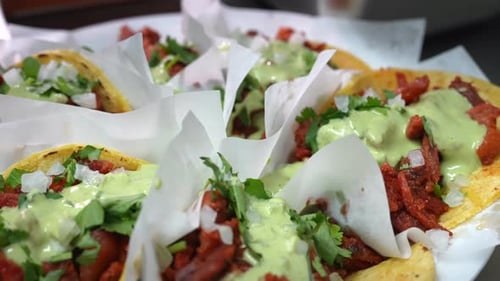 Slow motion savory look at street tacos with guacamole sauce on a plate - food truck series