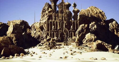 Majestic Castle Made of Stone Stands in a Vast Desert Landscape