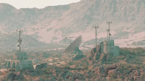 Military Base Set in Rugged Mountain Terrain with Communication Structures