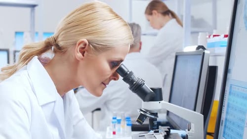 Woman Scientist Using Microscope in Bright Lab