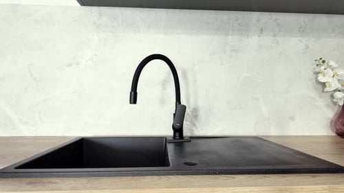 Sleek Black Faucet Over Modern Kitchen Sink
