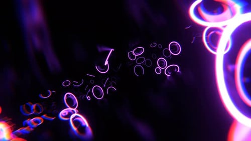 Dark Space With Levitating Metal Spheres And Purple Neon Rings Background VJ Loop In 4K
