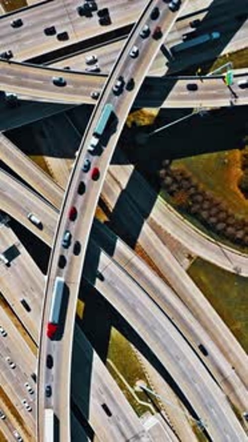 Aerial view of highways and vehicle traffic in Dallas, USA