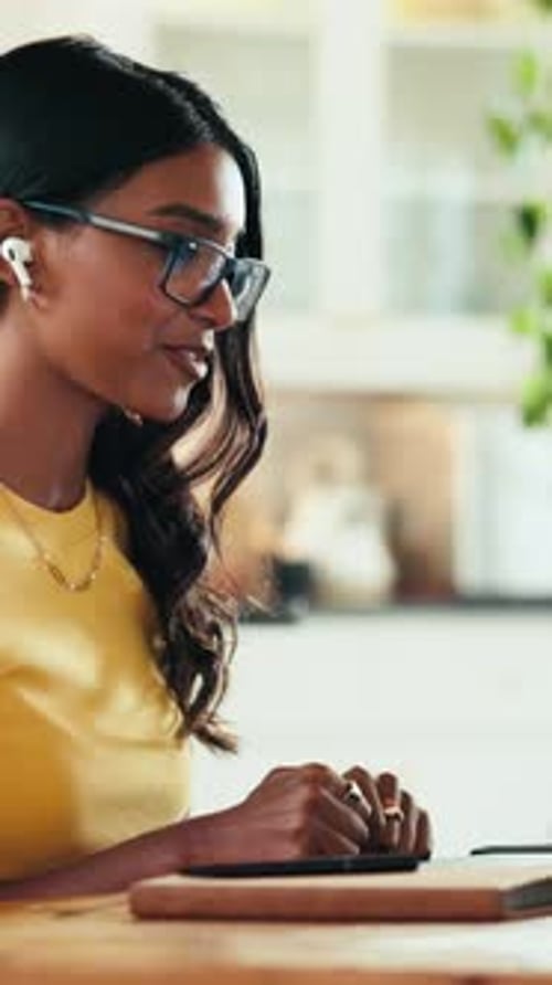 Remote work from home, video call and woman with conversation, smile and hello with creative agency