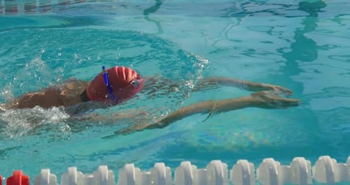 Man Swimming Freestyle in a Sunny Pool