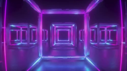Neon Futuristic Tunnel of Glowing Cubes Loop
