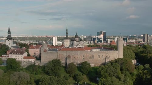Aerial footage of fortress in old town Tallinn in Estonia