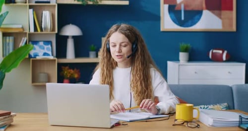 Woman Mobile Operator Home with Call Center Customer Support Working on Laptop Tech Consultant or