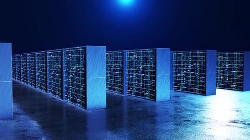 Futuristic Server Room with Digital Data Flow Animation