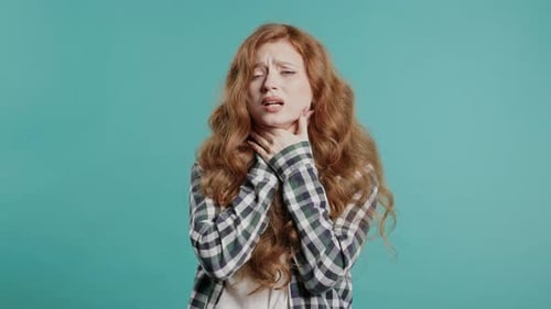 Ill Pretty Woman Has Sore Girl With Swollen Throat On Blue Studio Angina Pain