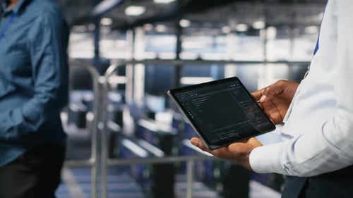 Close Up of Data Center Admin Using Tablet to Reviewing Machine Learning Code