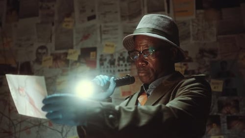 Detective Analyzing Evidence with Flashlight at Night