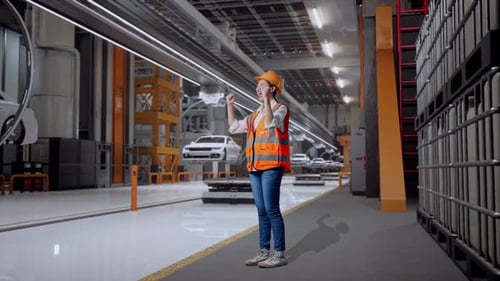 Une ingénieure asiatique crie à un objectif célébrant son travail dans une usine de voitures électriques