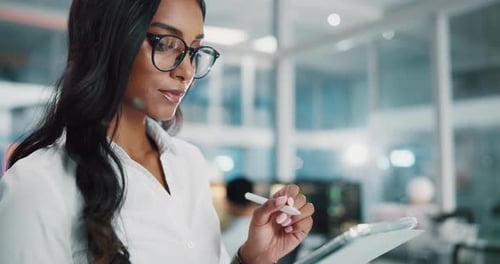 Woman, tablet and programmer with pen in office for software development or network at night