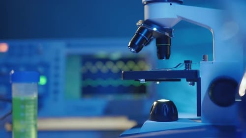 Close Up of a Optical Scientific Microscope in Laboratory