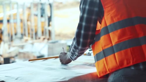 Professional Construction Manager Puts Some Marks Via Pencil on a Project Blueprint While Talking on