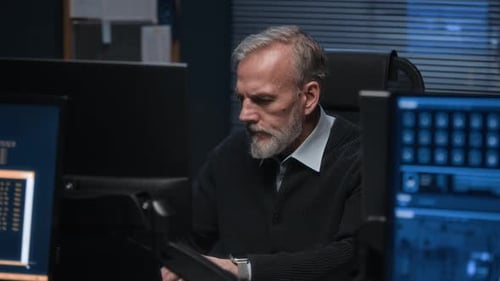 Senior Cybersecurity Analyst Reviewing Data at Computer Workstation