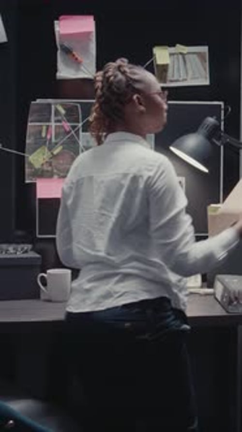 Detective Working at Desk with Crime Evidence