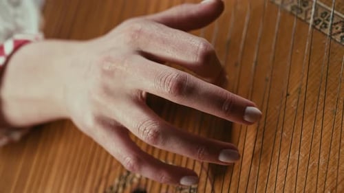 Hand Playing Beautiful Stringed Instrument Close Up
