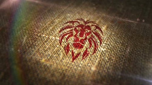 Lion head symbol sign stamp on linen sack