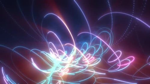 Abstract multi-colored rainbow neon lines and circles energy laser flying on a black background