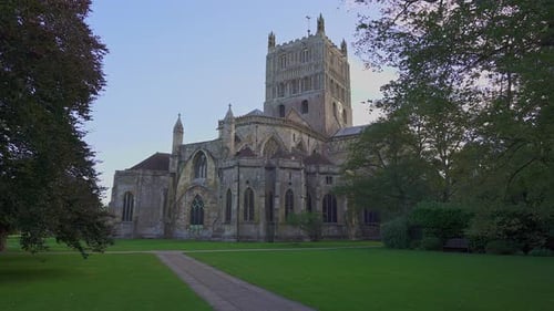 The monolithic medieval architecture of Tewkesbury Abbey. Gloucestershire, England, UK